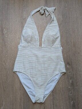 Cupshe Cream White Metallic Gold One Piece Plunge Swimsuit L Large